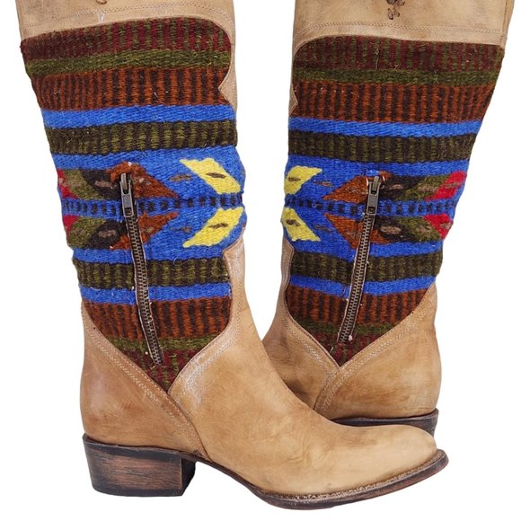 FREEBIRD BY STEVEN QUIXOTE TAN LEATHER WOOL BLANKET SOUTHWEST AZTEC BOOT QXOTE - Picture 6 of 15